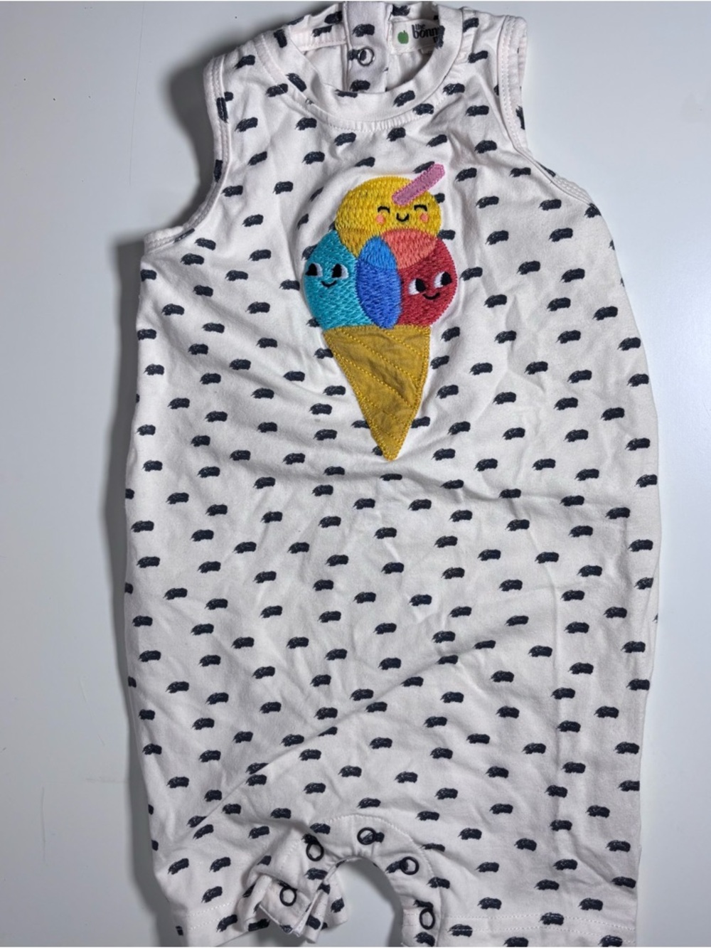 The Bonnie Mob Embroidered Ice Cream Romper in White with Colorful Scoops 9-12M